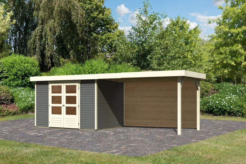 Gartenhaus SET terragrau mit Anbaudach 2,8 m Breite, Rückwand, Grundfläche: 6,35m²