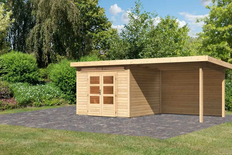 Gartenhaus SET naturbelassen mit Anbaudach 3,2 m Breite, Rückwand, Grundfläche: 7m²
