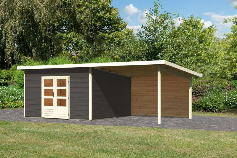 Gartenhaus SET terragrau mit Anbaudach 3,3 m Breite, Rückwand, Grundfläche: 13,32m²