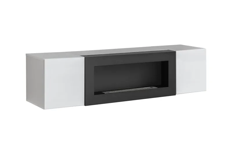 TV-Unterschrank | Bio-Ethanol Kamin | Farbe: Perla Grau | Push-to-open Funktion | 2 Fächer | Maße: 160 x 40 x 40 cm | für Wohnzimmer