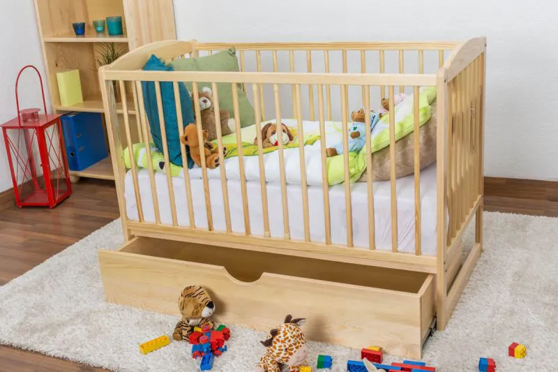 Gitterbett / Kinderbett Kiefer massiv Vollholz natur 102, inkl. Lattenrost - 60 x 120 cm, inkl. Schublade