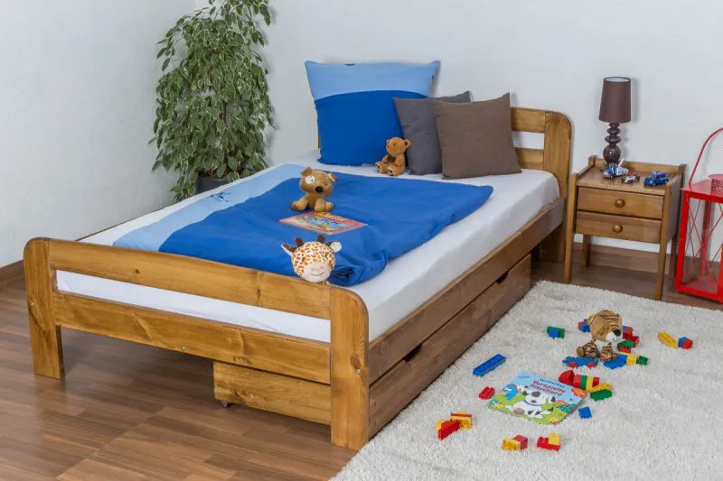 Kinderbett / Jugendbett Kiefer Vollholz massiv Eichefarben A6, inkl. Lattenrost - Abmessung 120 x 200 cm