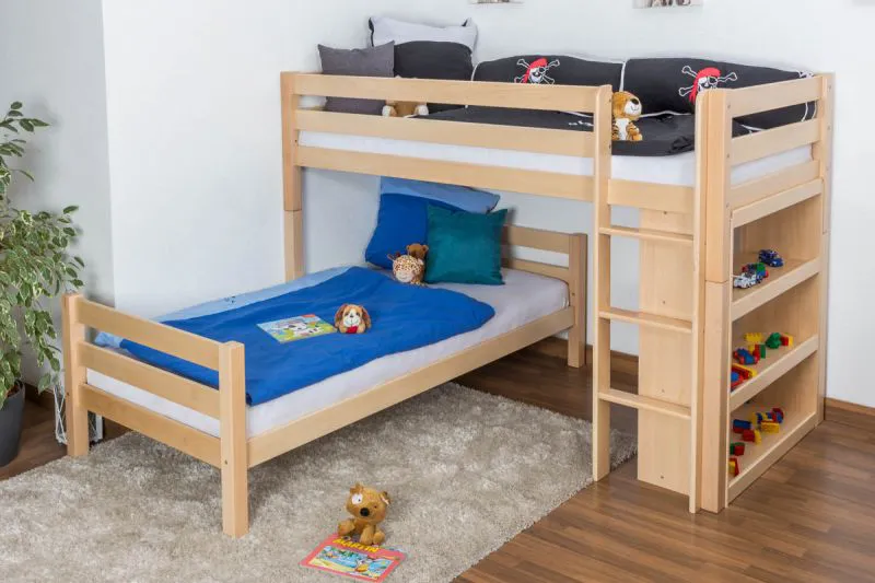 Etagenbett / Spielbett Phillip Buche massiv natur mit Regal, inkl. Rollrost - 90 x 200 cm, teilbar