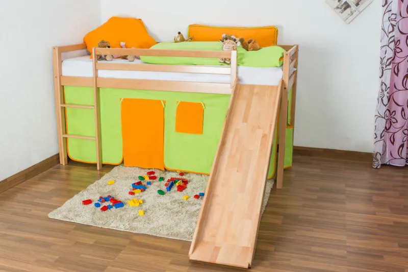 Kinderbett Hochbett Georg mit Rutsche Buche Vollholz massiv natur inkl. Rollrost - 90 x 200 cm