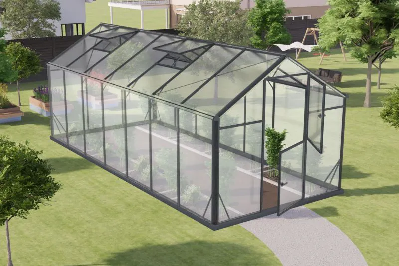 Gewächshaus - Glashaus Rucola L11, langlebige Aluminiumprofile, Wände: 4 mm gehärtetes Glas, Dach: 6 mm HKP mehrwandig, 11,00 m², 500 x 220 cm