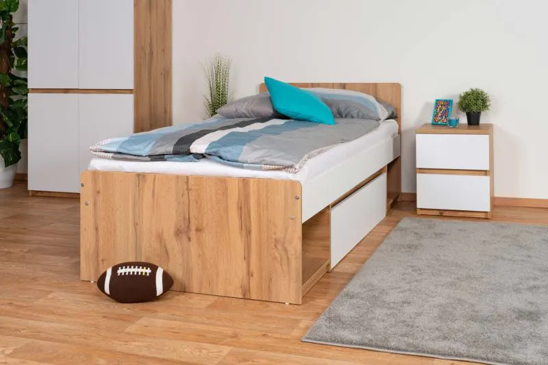 Jugendbett Alard 09, Farbe: Eiche / Weiß - Liegefläche: 90 x 195 cm (B x L)