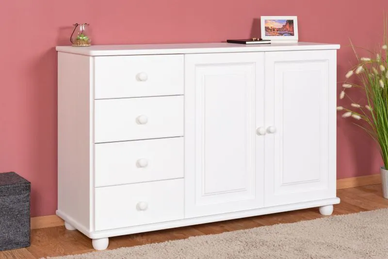 Robuste Kommode / Sideboard Kiefer massiv Vollholz Weiß Junco 172, genügend Stauraum, 78 x 121 x 42 cm, mit vier Schubladen und zwei Fächer