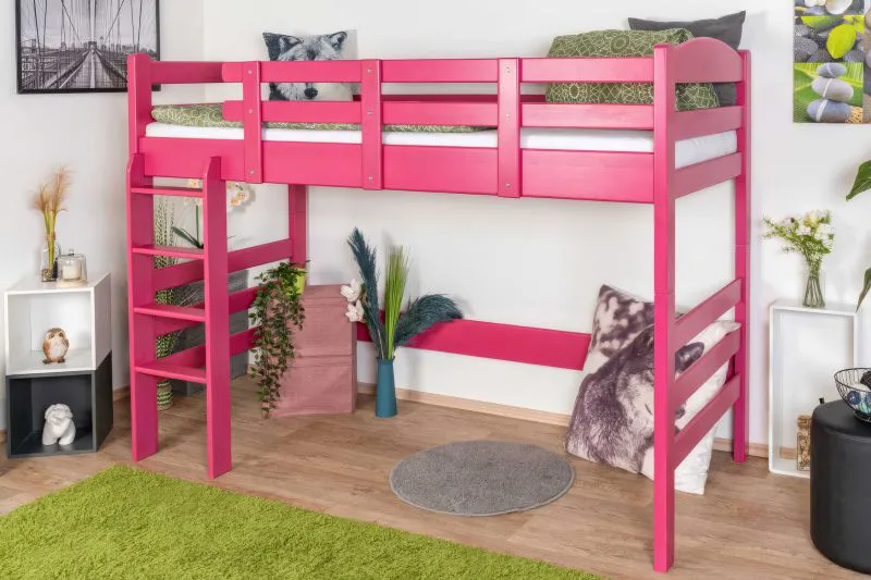 Hochbett 90 x 200 cm für Erwachsene, "Easy Premium Line" K22/n, Buche Massivholz rosa lackiert, teilbar
