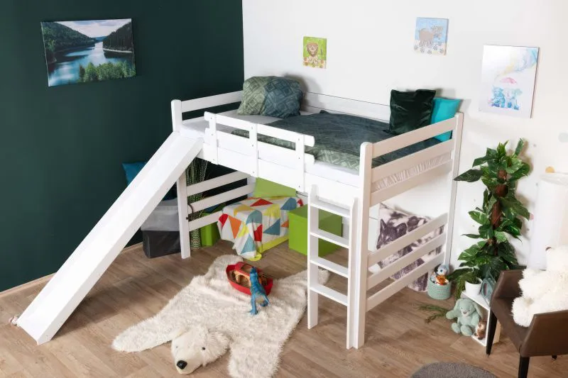 Großes weißes Hochbett mit Rutsche 120 x 200 cm, Buche Massivholz Weiß lackiert, umbaubar in ein Einzelbett, "Easy Premium Line" K31/n