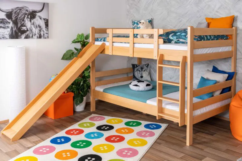 Großes Etagenbett mit Rutsche 120 x 190 cm, Buche Massivholz Natur lackiert, umbaubar in zwei Einzelbetten, "Easy Premium Line" K32/n