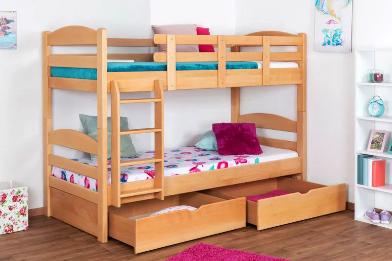 Funktions-Etagenbett 90 x 200 cm mit 2 Schubladen als Stauraum | Massivholz: Buche | Natur Lackiert | umbaubar in zwei Einzelbetten | Premium-Qualität | inkl. Rollroste Abbildung