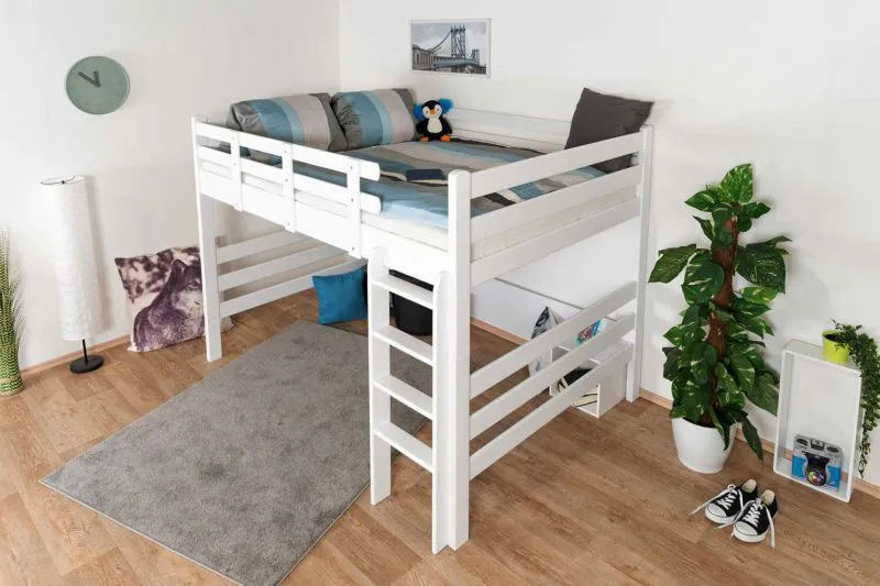 Hochbett 140 x 190 cm | Massivholz: Buche | Weiß Lackiert | umbaubar in Einzelbett | Premium-Qualität | inkl. Rollrost Abbildung
