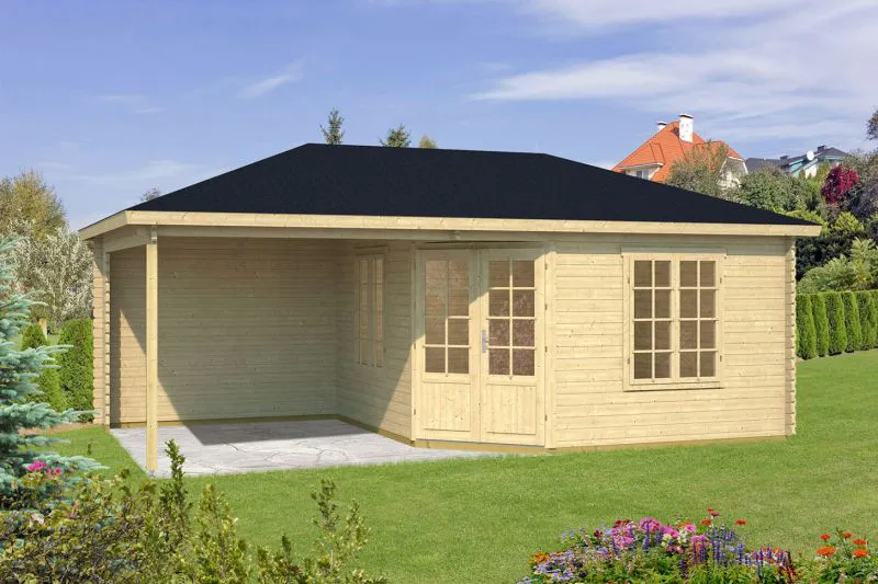 Holz-Gartenhaus 4,2 x 6,96 Meter (inkl. Dach) | 2 Fenster | 40 mm Blockbohlen |natur unbehandelt | Satteldach | inkl. Fußboden | aus nordischer Fichte Abbildung