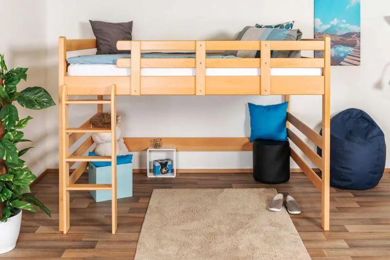 Massivholz Hochbett für Kinder | Matratzenmaß: 140 x 200 cm | Natur Lackiert | umbaubar in Einzelbett | Premium-Qualität | inkl. Rollrost Abbildung