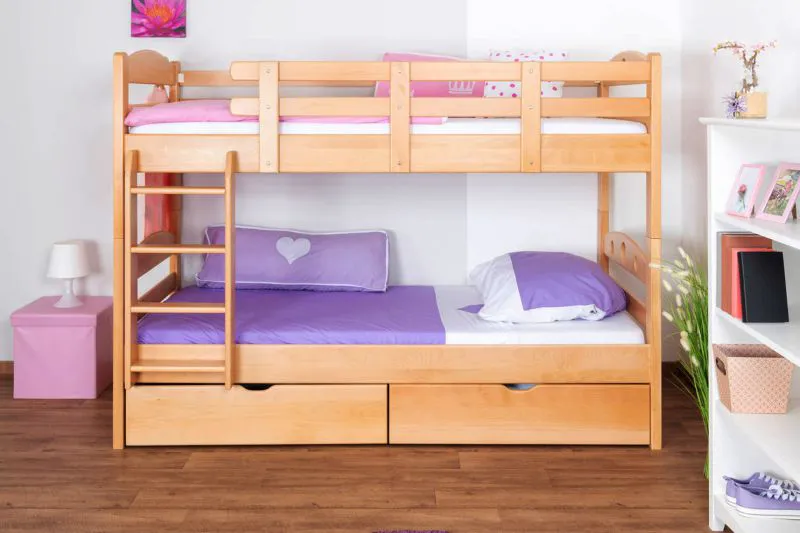 Funktions-Stockbett 90 x 200 cm mit 2 Schubladen als Stauraum | Massivholz: Buche | Natur Lackiert | umbaubar in zwei Einzelbetten | Premium-Qualität | inkl. Rollroste Abbildung