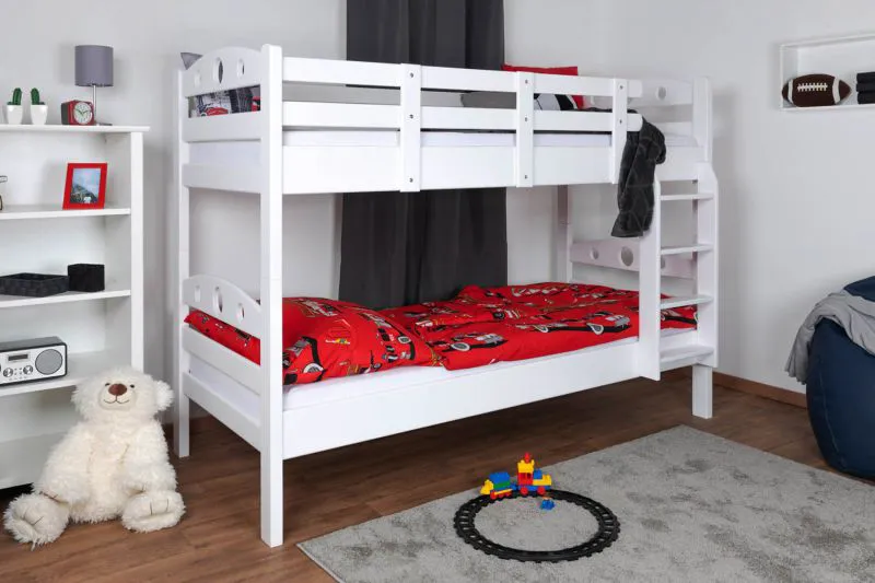 Stockbett 90 x 190 cm | Massivholz: Buche | Weiß Lackiert | umbaubar in zwei Einzelbetten | Premium-Qualität | inkl. Rollroste Abbildung