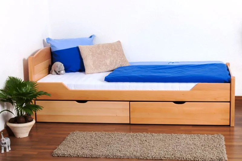 Bettrahmen für Kinder 90 x 200 cm | inkl. Stauraum / 2 Schubladen | Massivholz: Buche | Natur Lackiert | inkl. Lattenrost Abbildung