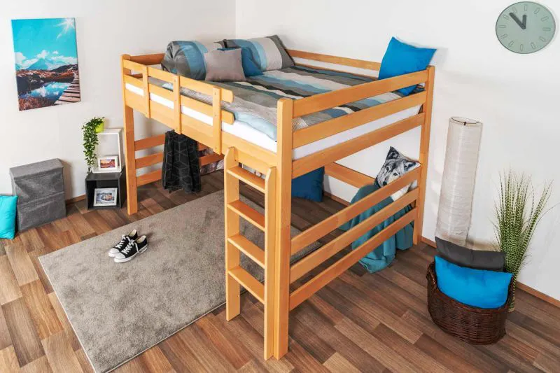 Massivholz Hochbett für Kinder | Matratzenmaß: 160 x 200 cm | Natur Lackiert | umbaubar in Einzelbett | Premium-Qualität | inkl. Rollrost Abbildung