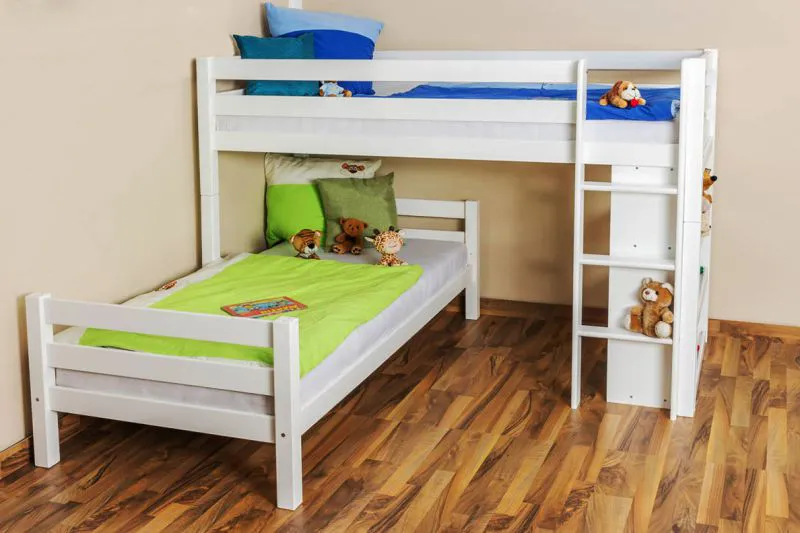 Doppelstockbett L-Form 90 x 200 cm (teilbar) | Buche Massivholz | weiß lackiert | mit Regal | inkl. Rollrost | umbaubar in Einzelbetten Abbildung