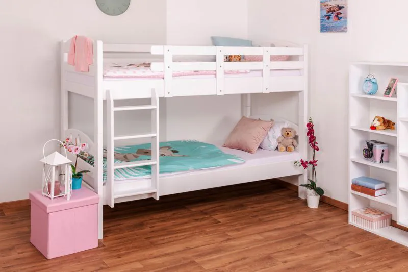 Jugendzimmer-Etagenbett 90 x 200 cm | Massivholz: Buche | Weiß Lackiert | umbaubar in 2 Einzelbetten | Premium-Qualität | inkl. Rollroste Abbildung