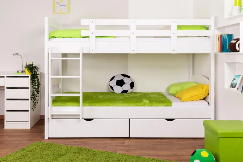 Jugendstockbett inkl. Stauraum (2 Schubladen) | 90 x 200 cm | Massivholz: Buche | Weiß Lackiert | umbaubar in 2 Einzelbetten | Premium-Qualität | inkl. Rollroste Abbildung