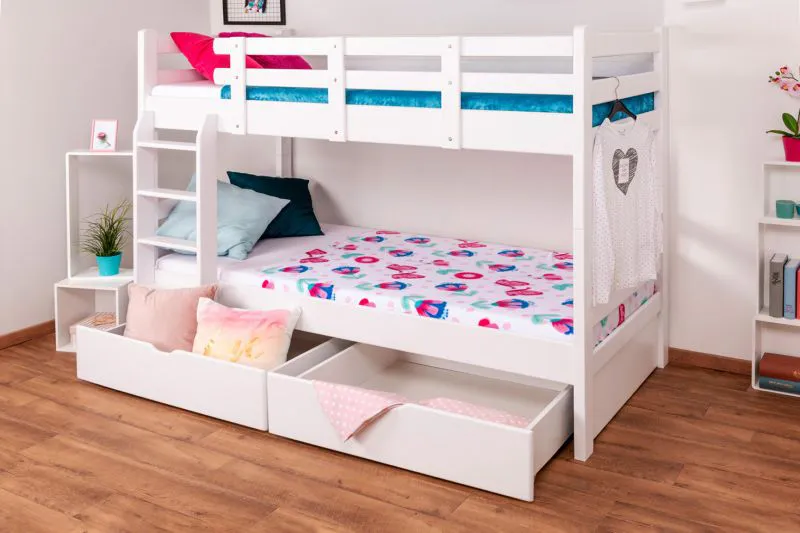Jugendstockbett inkl. Stauraum (2 Schubladen) | 90 x 200 cm | Massivholz: Buche | Weiß Lackiert | umbaubar in 2 Einzelbetten | Premium-Qualität | inkl. Rollroste Abbildung