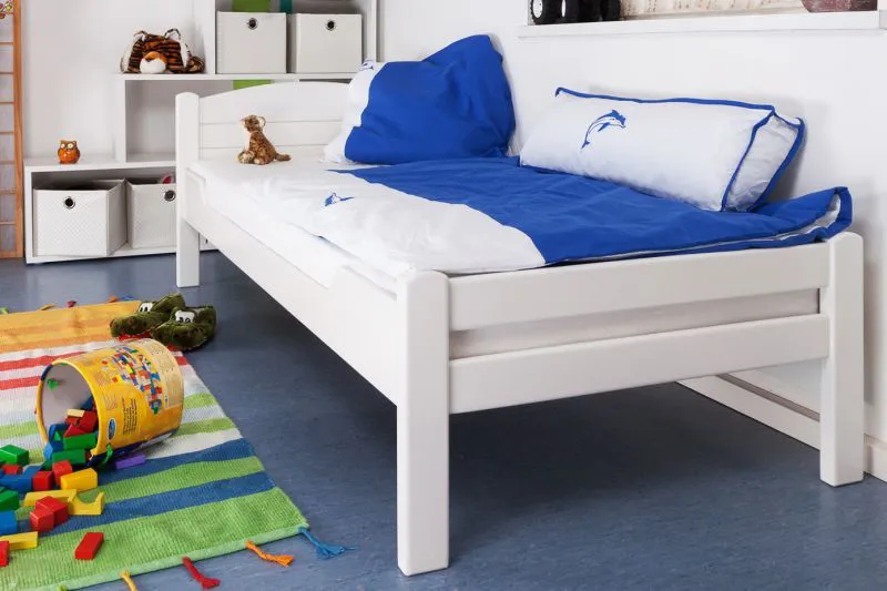 Bettrahmen für Kinder / Kinderbett 90 x 200 cm | Massivholz: Buche | Weiß Lackiert | besonders hohe Qualität Abbildung