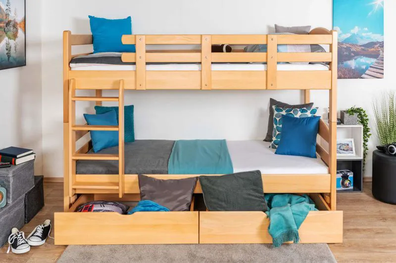 Kinderstockbett inkl. Stauraum (2 Schubladen) | 90 x 200 cm | Massivholz: Buche | Natur Lackiert | umbaubar in 2 Einzelbetten | Premium-Qualität | inkl. Rollroste Abbildung