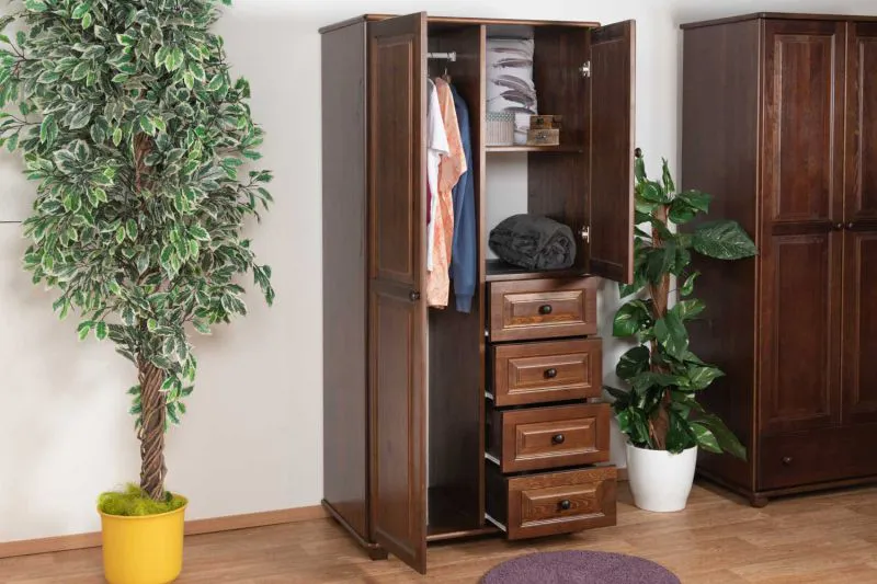 Kleiderschrank | 1 Drehtür | 4 Schubladen | mit Kleiderstange | 90 cm breit | Massivholz Kiefer | Farbe: Nuss Abbildung