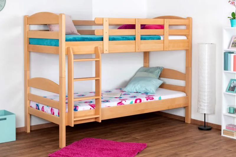 Etagenbett für Kinder 90 x 200 cm | Massivholz: Buche | Natur Lackiert | umbaubar in 2 Einzelbetten | inkl. Rollroste Abbildung