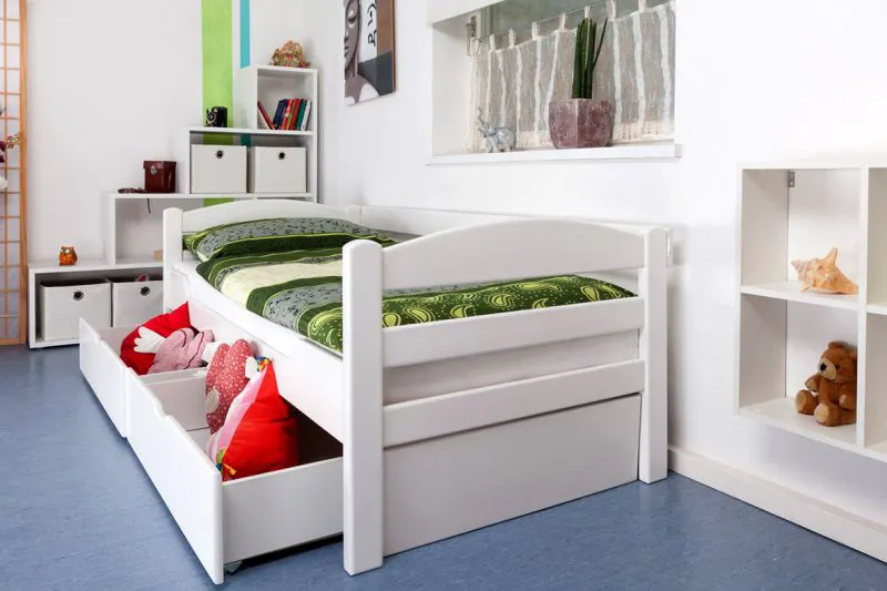 Bettrahmen für Kinder / Kinderbett 90 x 200 cm | Massivholz: Buche | Weiß Lackiert | inkl. 2 Schubladen und Lattenrost | besonders hohe Qualität Abbildung