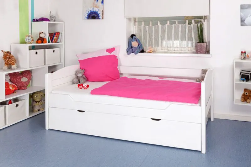 90 x 200 cm Kinderzimmer-Bett mit Bettkasten als Gästebett oder Stauraum | Massivholz: Buche | Weiß Lackiert | inkl. 2. Liegeplatz 90 x 190 cm ausziehbar und 2 Rollrost Abbildung