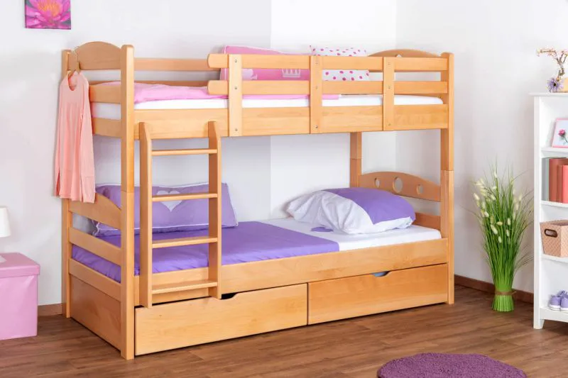 90 x 200 cm Stockbett mit Stauraum / 2 Schubladen für Jugendliche Massivholz: Buche | Natur Lackiert | umbaubar in 2 Einzelbetten | Premium-Qualität | inkl. Rollroste Abbildung