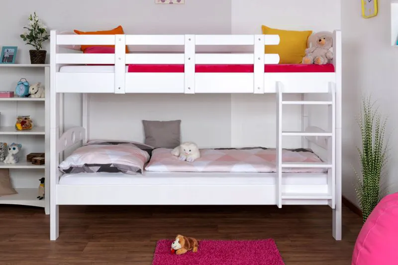 Etagenbett für Kinder 90 x 190 cm | Massivholz: Buche | Weiß Lackiert | umbaubar in 2 Einzelbetten | inkl. Rollroste Abbildung