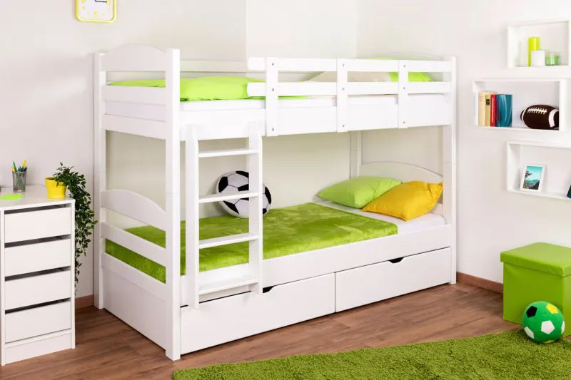 90 x 200 cm Etagenbett mit Stauraum / 2 Schubladen für Kinder Massivholz: Buche | Weiß Lackiert | umbaubar in 2 Einzelbetten | Premium-Qualität | inkl. Rollroste Abbildung