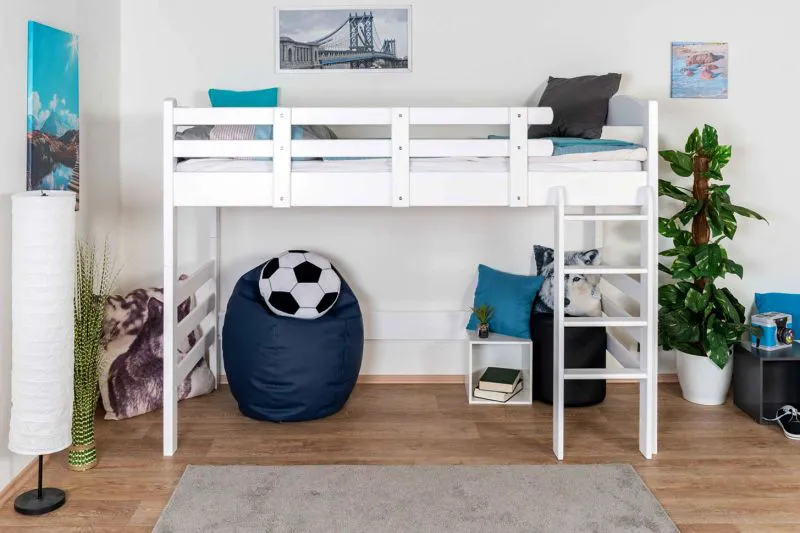 Hochbett für Kinder 90 x 190 cm | Massivholz: Buche | Weiß Lackiert | umbaubar in Einzelbett | Premium-Qualität | inkl. Rollrost Abbildung