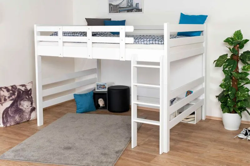 Hochbett für Kinder 140 x 190 cm | Massivholz: Buche | Weiß Lackiert | umbaubar in Einzelbett | Premium-Qualität | inkl. Rollrost Abbildung