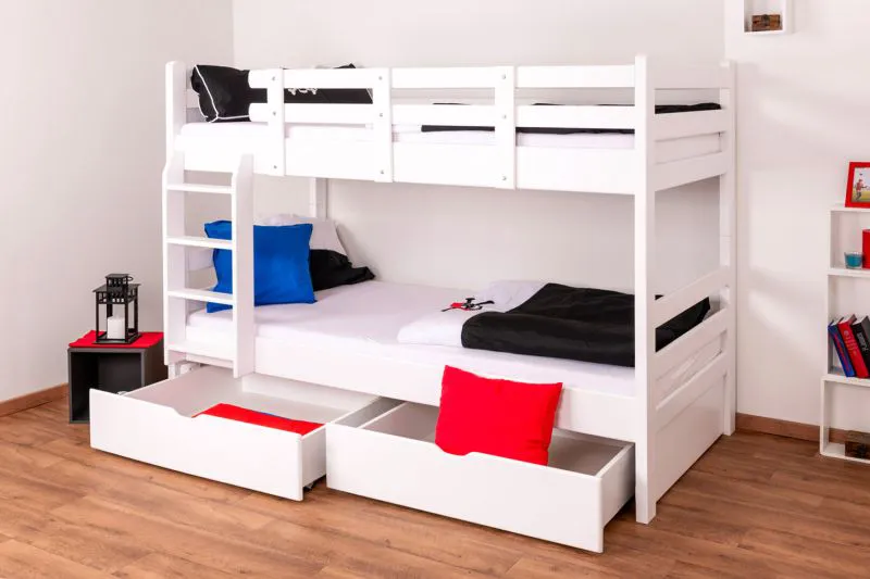 90 x 200 cm Stockbett mit Stauraum / 2 Schubkästen für Jugendliche Massivholz: Buche | Weiß Lackiert | umbaubar in 2 Einzelbetten | Premium-Qualität | inkl. Rollroste Abbildung