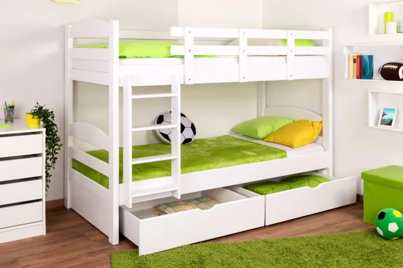 90 x 200 cm Stockbett mit Stauraum / 2 Schubladen für Kinder Massivholz: Buche | Weiß Lackiert | umbaubar in 2 Einzelbetten | Premium-Qualität | inkl. Rollroste Abbildung