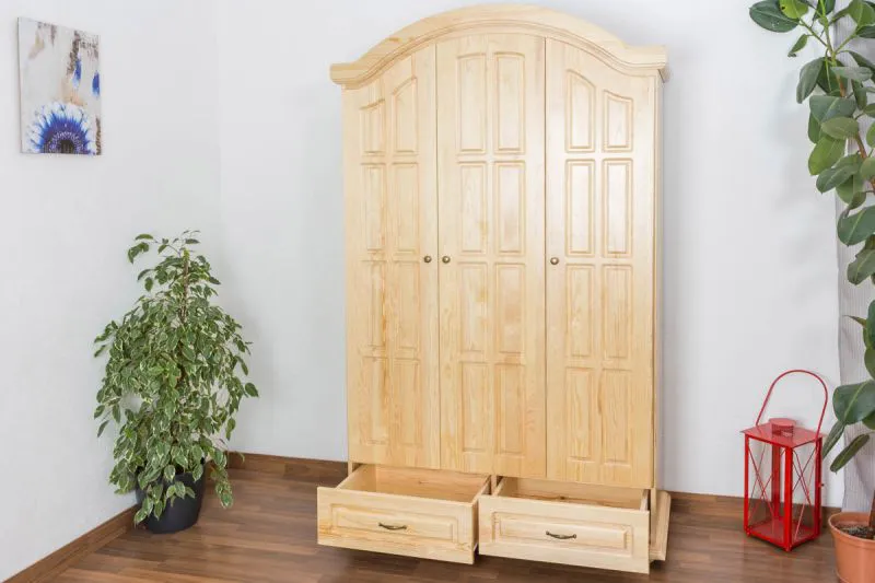 Kleiderschrank | 3 Drehtüren | 5 Fächer | 2 Schubladen | mit Kleiderstange | 133 cm breit | Massivholz | Farbe: Natur Abbildung