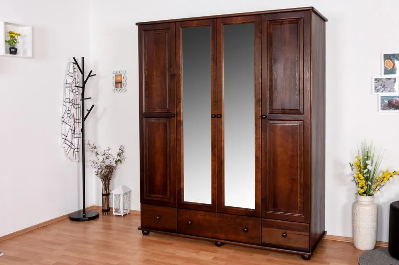 162 cm breiter Kleiderschrank mit 4 Türen, 8 Fächern und 3 Schubladen aus Massiv-Holz | Farbe: Walnussfarben | Tiefe: 60 cm Abbildung