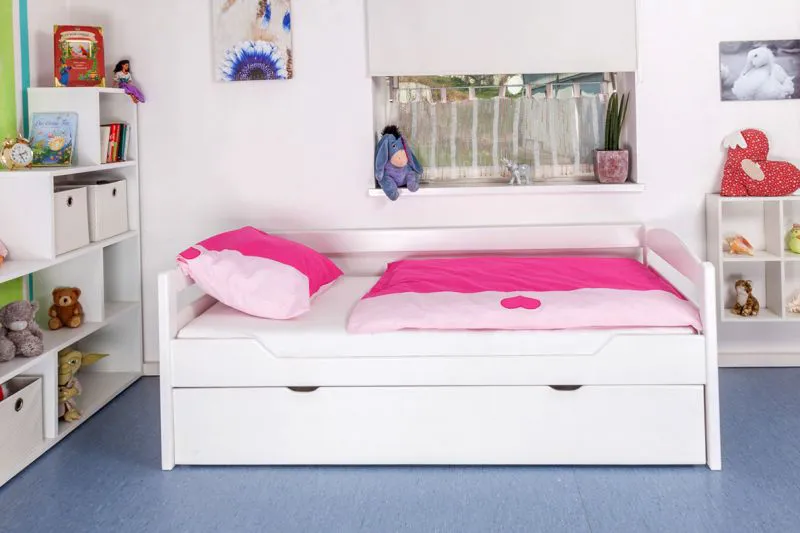 Kinderbett 90 x 200 cm mit Bettkasten 90 x 190 cm als Gästebett oder Stauraum | Massivholz: Buche | Weiß Lackiert | inkl. 2. Liegeplatz 90 x 190 cm ausziehbar und 2 Rollrost Abbildung