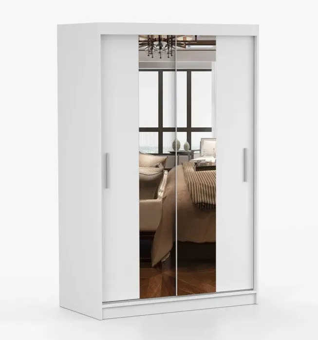 1,2 Meter breiter Kleiderschrank / Schiebetürenschrank | Weiß | Rudawy 07 | mit Spiegel | 2 Türen | 200 x 120 x 61 cm | 1 Kleiderstange | 6 Fächer