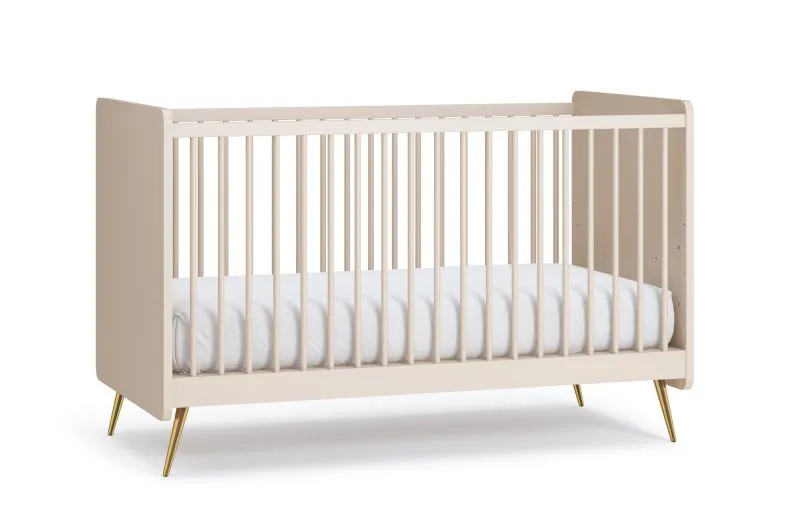 Babyzimmer Gitterbett / Babybett | Farbe: Beige | Liegefläche: 70 x 140 cm | ABS-Kante | umbau bar auf ein kleines Bett | Beine: Gold | Kinderzimmer