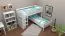 Etagenbett L-Form 90 x 200 cm | Buche Massivholz | weiß lackiert | mit Regal | inkl. Rollrost | umbaubar in Einzelbetten Abbildung