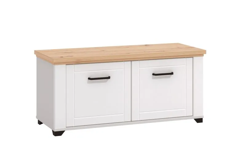 Sitzbank mit Stauraum Banat 19, Farbe: Weiß Matt / Eiche Artisan, zwei Türen, ABS-Kanten, zwei Fächer, Maße: 47,5 x 103,5 x 41 cm, für den Vorraum