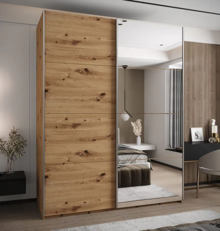 Kleiderschrank / Schiebetürenschrank | Farbe: Eiche Artisan | Soft-Close | Spiegel | 2 Schiebetüren | 245,5 x 200 x 64 cm | 2 Kleiderstangen | 11 Fächer