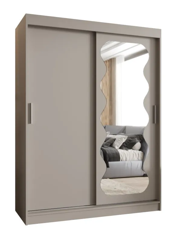Kleiderschrank / Schiebetürenschrank Bernina 12, Farbe: Kaschmir, Aluminiumschienen, 1,5 Meter breit, eine Tür mit Spiegel, zwei Kleiderstangen, fünf Fächer