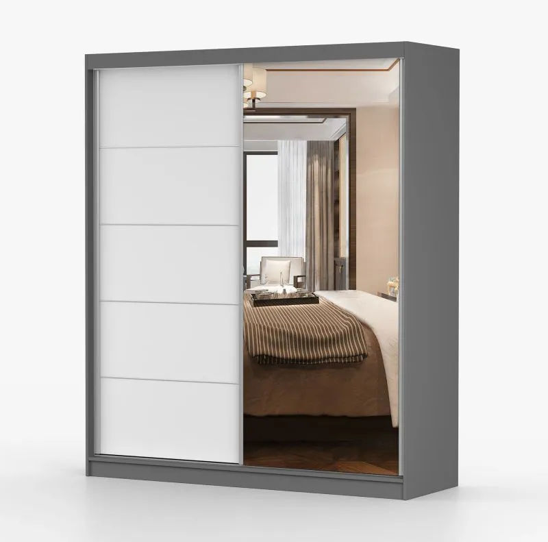 Kleiderschrank / Schiebetürenschrank mit Spiegel | 218 x 183 x 61 cm | Weiß / Grau | Cuillin 03 | 2 Türen | 6 Fächer | großes Fassungsvermögen