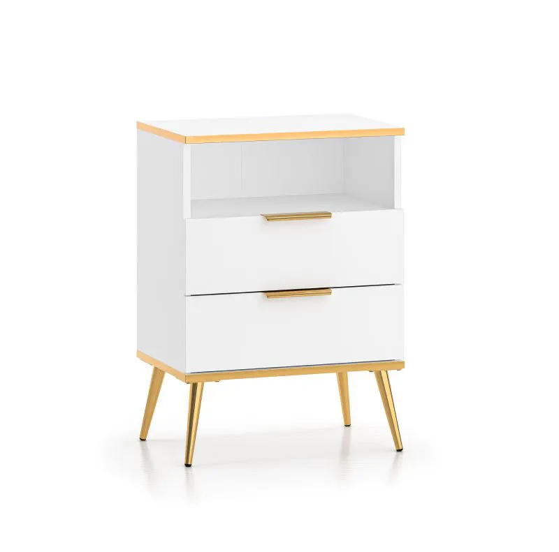 Helle Nachtkommode mit zwei Schubladen Breckenridge 08, Farbe: Weiß, Soft-Close-System, Maße: 70 x 50 x 34 cm, Beine & Griffe: Gold, mit einen offenen Fach